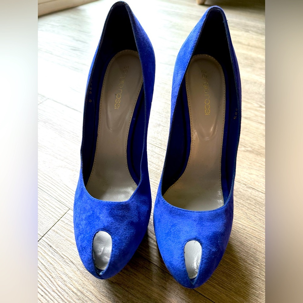 Sergio Rossi Blue Suede Peep-Toe Heels